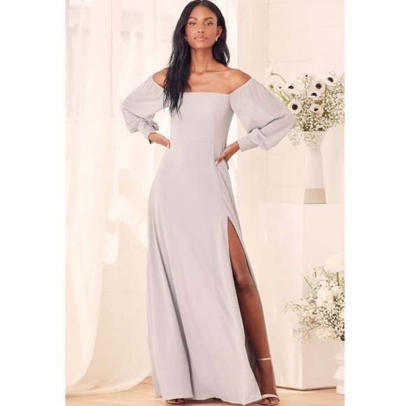 NWT LULU’S Off Shoulder Chiffon Maxi Dress in Pale Grey - Picture 1 of 10
